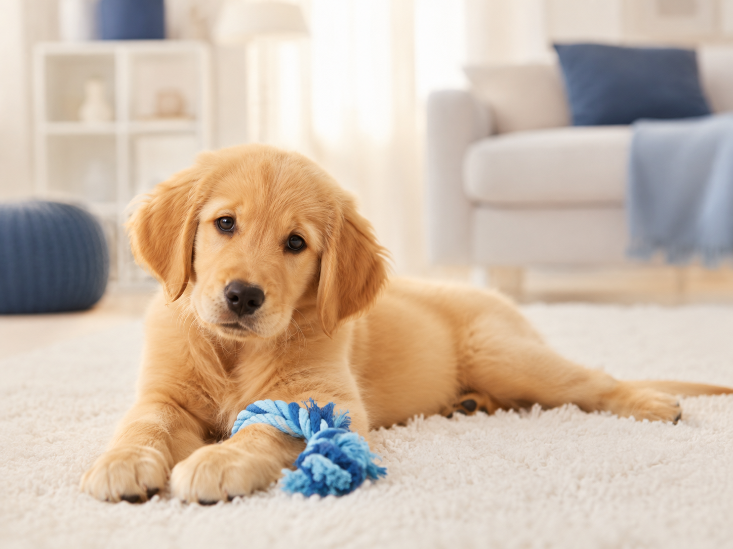 Golden retriever kölyökkutya világos otthoni környezetben
